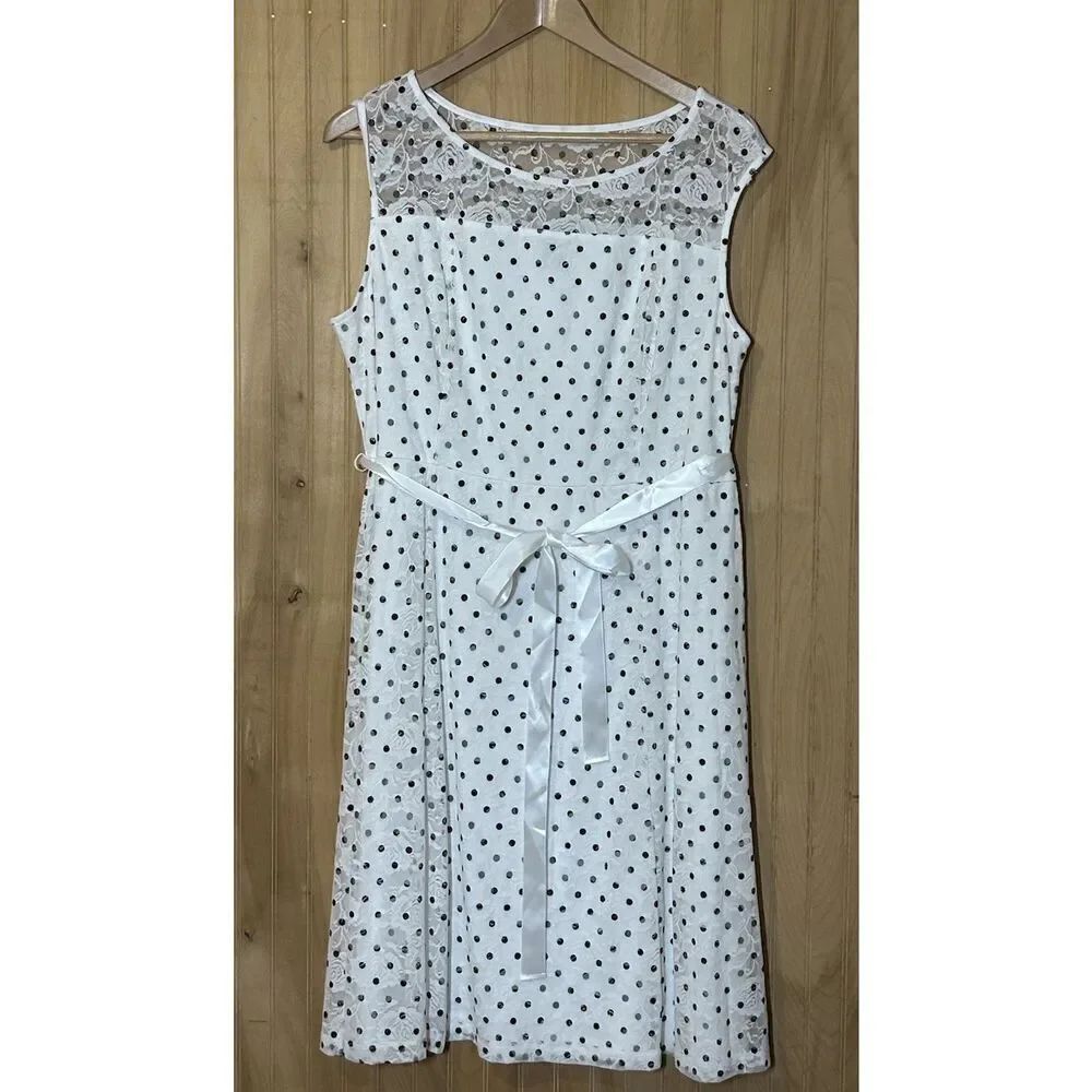 Candalite Womens XL Lace Midi Dress White with Black Polka Dots Lined Sleeveless